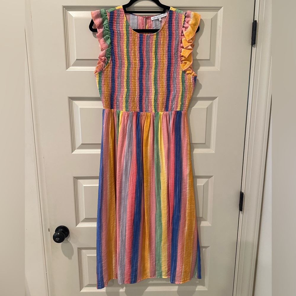 English Factory Rainbow Stripe Midi Dress in Pink, Yellow, Blue, Green